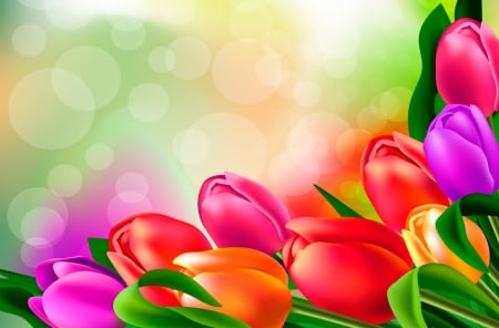 Happy spring! - bokeh, spring, flower, pink, orange, tulip, purple, red, green, card