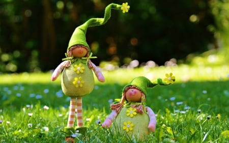 Happy spring! - hat, spring, grass, toy, doll, elf, green, figurine, cute, card, couple