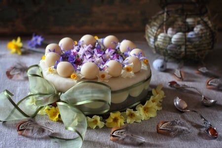 Happy Easter! - flower, purple, egg, yellow, easter, card, bow, deco, green