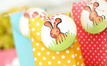 Happy Easter! - gift, yellow, red, blue, card, easter, bunny, dot