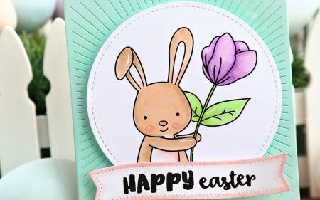 Happy Easter! - white, pink, blue, card, easter, tulip, bunny, flower