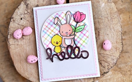 Happy Easter! - easter, bunny, wood, white, chicken, pink, card, egg, flower