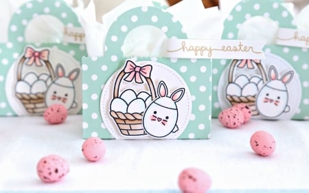 Happy Easter! - pink, blue, easter, card, egg, bunny, dot