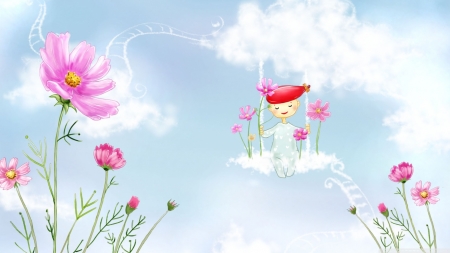 summer girl - girl, clouds, flower, summer