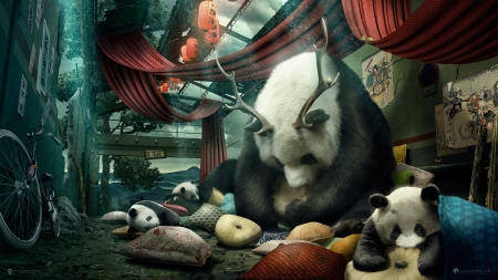 Pandas - cub, panda, desktopography, horns, creature, black, fantasy, white, animal, red, green, cute, art, luminos