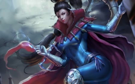 Vayne - red, vayne, fantasy, game, league of legends, girl, woman, blue