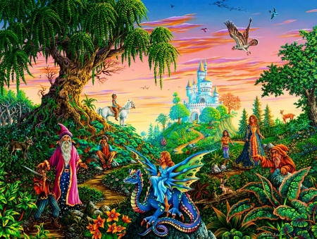 Enchanted Encounter - wizard, dragon, woman, artwork, landscape, castle