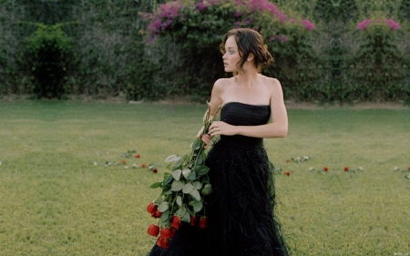 Pretty with her roses - beautiful, black dress, rose, pretty