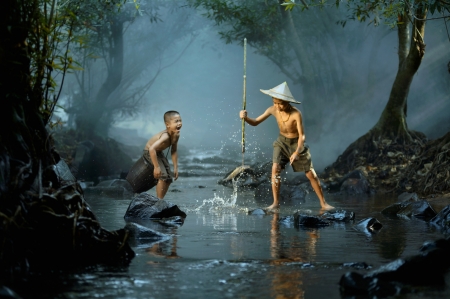 Winning smile - boys, river, fish, beautiful