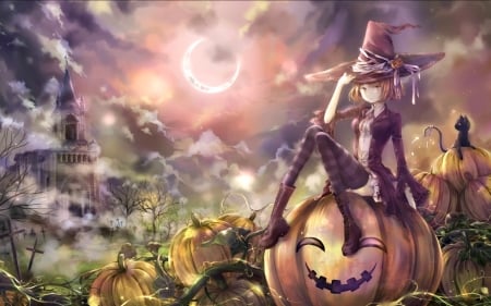 Happy Halloween! - hat, moon, anime, girl, pixiv, night, pumpkin, orange, cat, witch, black, manga, purple, halloween, mio, luna