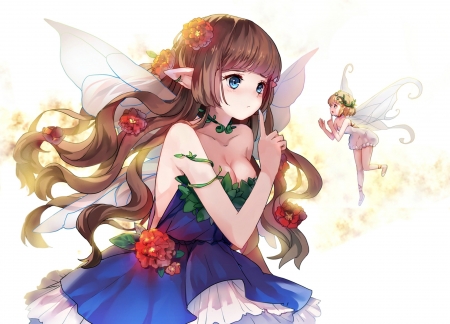 Fairies - anime, blue, girl, flower, manga, fantasy, sheska xue, white, red, wings, fairy