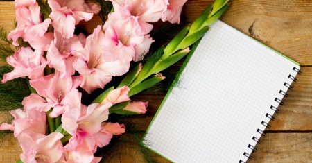 Background with gladiolus - pretty, gladiolus, beautiful, letter, spring, lovely, flowers, notebook, background