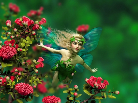 Spring fairy - flying, pretty, beautiful, fairy, flowers, fantasy, spring