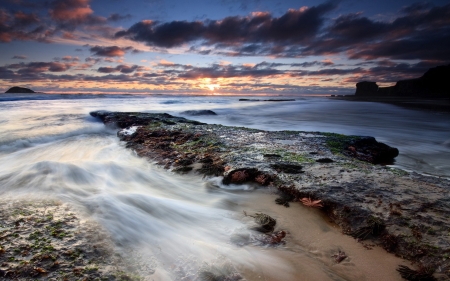 Sunset at Maori Bay, Auckland, New Zealand - sky, rocks, clouds, beach, sea