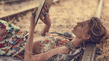 Lovely Girl - lying, woman, reading, model