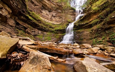 Waterfall - nature, rock, tree, stones, waterfall