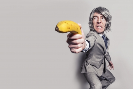 Freeze! - costume, yellow, grey, banana, humour, man, funny, creative