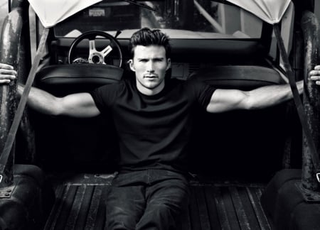 Scott Eastwood - white, male, car, man, actor, bw, scott eastwood, black