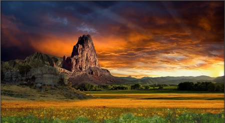 Sunset - clouds, beautiful, sunset, field, peak