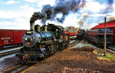 At the Trainyard - steam, locomotive, trains, vintage, railway