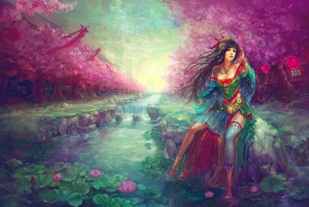 Girl and Blossom - woman, girl, serene, asian, fantasy, art, pretty, beautiful, digital