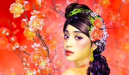 Blossom Girl - tang yuehui, red, digital, pretty, beautiful, blossom, girl, art, fantasy, asian, woman