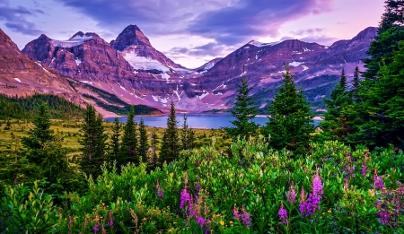 Mountain and lake - hills, beautiful, landscape, grass, mountain, cliffs, lake, sky, rocks