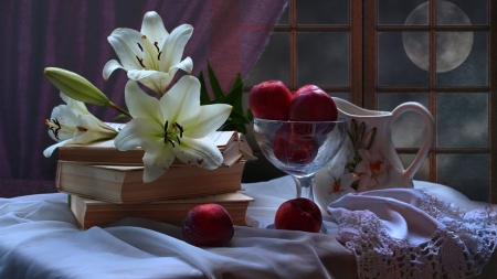 Still Life - apples, book, flowers, table, still life