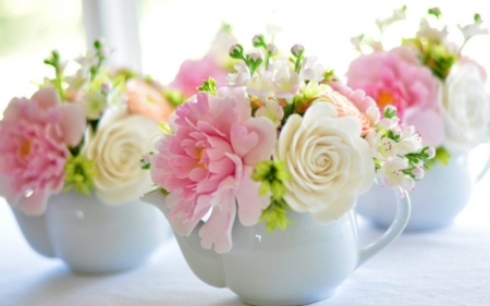 Teapots of Flowers - flowers, teapots, petals, bloom