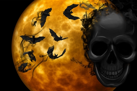 Happy Halloween! - skull, moon, fantasy, black, halloween, dark, luminos, orange, bat, luna