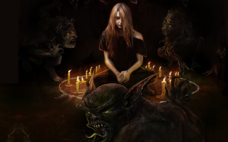 Invocation - demons, candle, girl, orange, dark, witch, black, lucpinkey l, woman, halloween, luminos, invocation