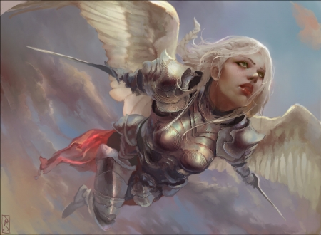 Angel - blue, girl, feather, angel, christian gonzalez, armor, lucpinkey l, fantasy, white, red, wings, art, sky