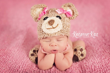 Cute baby - hat, pink, copil, baby, sweet, child, bear, sleep, cute