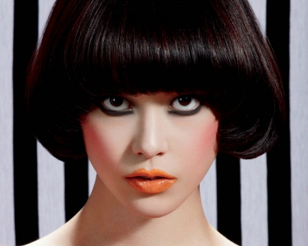 Beauty - girl, orange, black, lips, white, woman, model, face, stripes