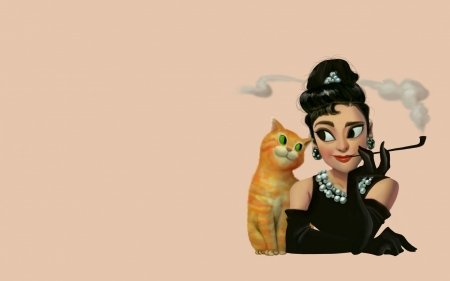 Audrey and the cat - ginger, girl, audrey hepburn, orange, child, actress, cat, black, fantasy, animal, woman, card