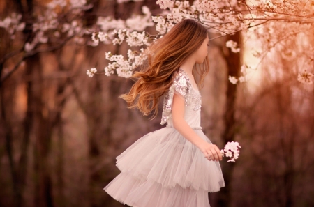 Girl and Flowering Tree - flowers, girl, tree, model