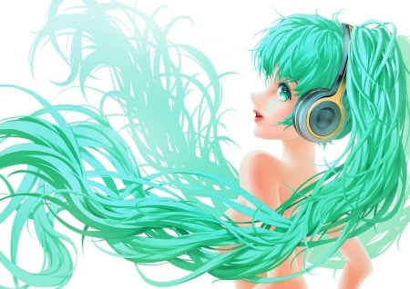 Hatsune Miku - dong gongzi, headphones, vocaloid, anime, girl, blue, manga, white, hair, hatsune miku, green