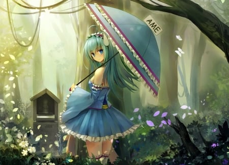 Girl with umbrella - anime, blue, antiquewhite, girl, flower, xiaoyin li, manga, umbrella, green