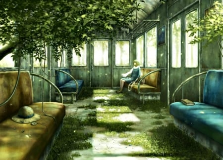 Waiting - anime, realistic, sofa, girl, kazami ehoh, manga, green, bus, leaf, art, luminos