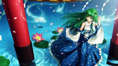 Kochiya Sanae - red, kochiya sanae, water, anime, girl, blue, manga, lotus, xiaoyin li, fish, green