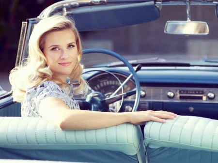 Reese Witherspoon - woman, actress, girl, car, blue, reese witherspoon, blonde