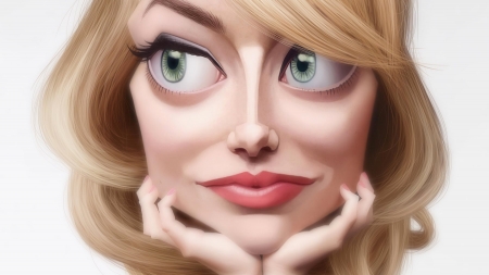 Emma Stone - girl, israel oliveras horta, blonde, actress, lips, caricature, Emma Stone, hand, woman