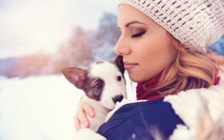 Girl and puppy - hat, winter, blue, girl, dog, white, animal, woman, puppy