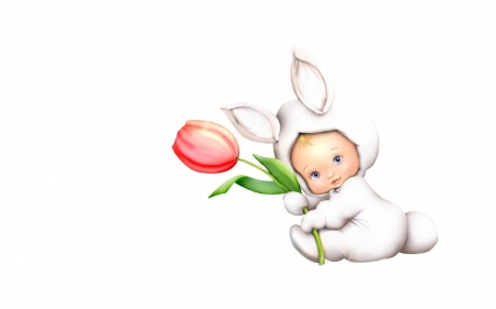 Happy Easter! - red, flower, child, cute, spring, easter, white, card, tulip, bunny