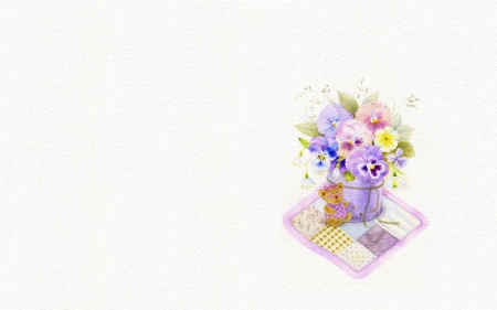 Pansies - vase, white, purple, pansy, spring, card, bouquet, pink