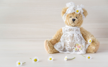 Happy spring! - daisy, girl, spring, flower, toy, child, white, teddy bear, cute