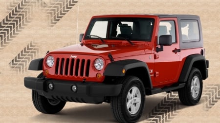 Red Jeep Wrangler - 4 wheeler, sport, Jeep, GM, sand, tire tread