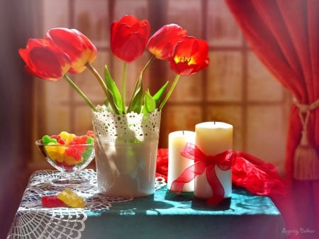 Still life - morning, candle, room, tulips, bouquet, still life, spring, vase, home, pretty, cozy, beautiful, sweet, flowers, candies