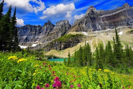 Mountain rocks - meadow, rocks, cliffs, landscape, beautiful, spring, wildflowers, grass, lake, sky, freshness, trees, mountain