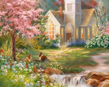 Spring Rivive - attractions in dreams, animals, easter, spring, rabbits, love four seasons, churches, bunnies, paintings, flowers, colors